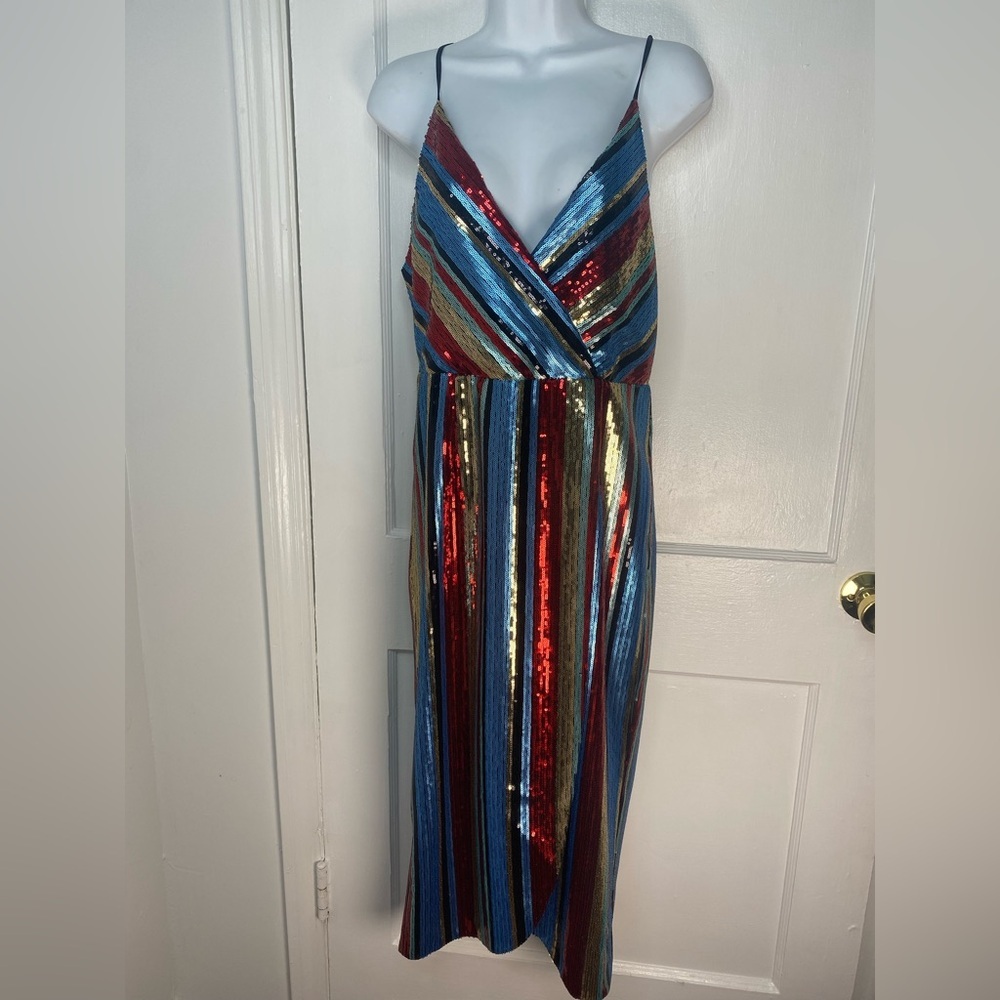 VICI Striped Multicolor Women's Sequin Wrap Midi Sleeveless Dress - Picture 3 of 9